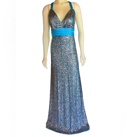 open lace back dress B'Dazzle Blue Sequin Maxi Dress by Alyce Paris – Mimi's Attic Ithaca